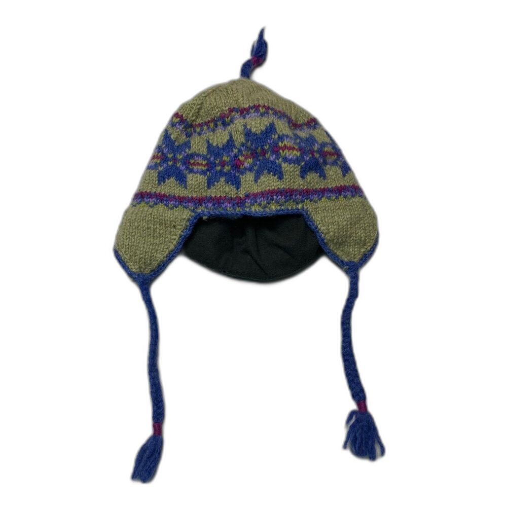Lost Horizons Wool Earflap Hat Nepal Fleece Lined Fair Isle Tassel Green Blue
